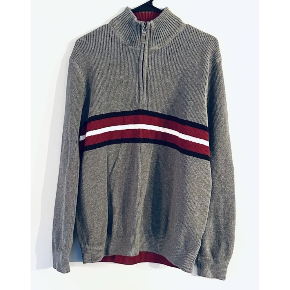 Vtg Eddie Bauer 1/4 Zip Ribbed Pullover Sweater Size  Medium Cotton Gray Striped
